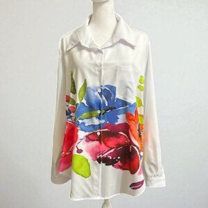 Women’s White Blouse with Colorful Watercolor Floral Design Size L/XL